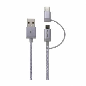 First Champion 鋁合金尼龍編織2合1 Micro USB & Type-C 充電傳輸線 - 100cm - 灰色